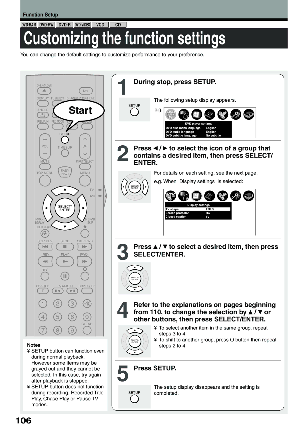 Toshiba D-R4SU, D-KR4SU, D-R4SC owner manual Customizing the function settings, 106, During stop, press Setup, Function Setup 