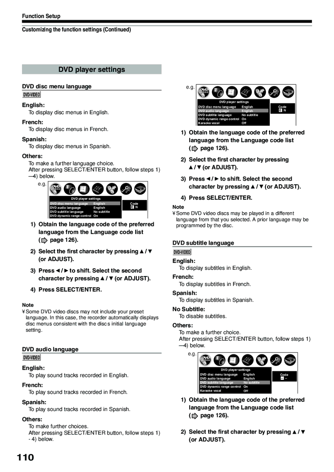 Toshiba D-R4SC, D-KR4SU, D-R4SU owner manual 110, DVD player settings 