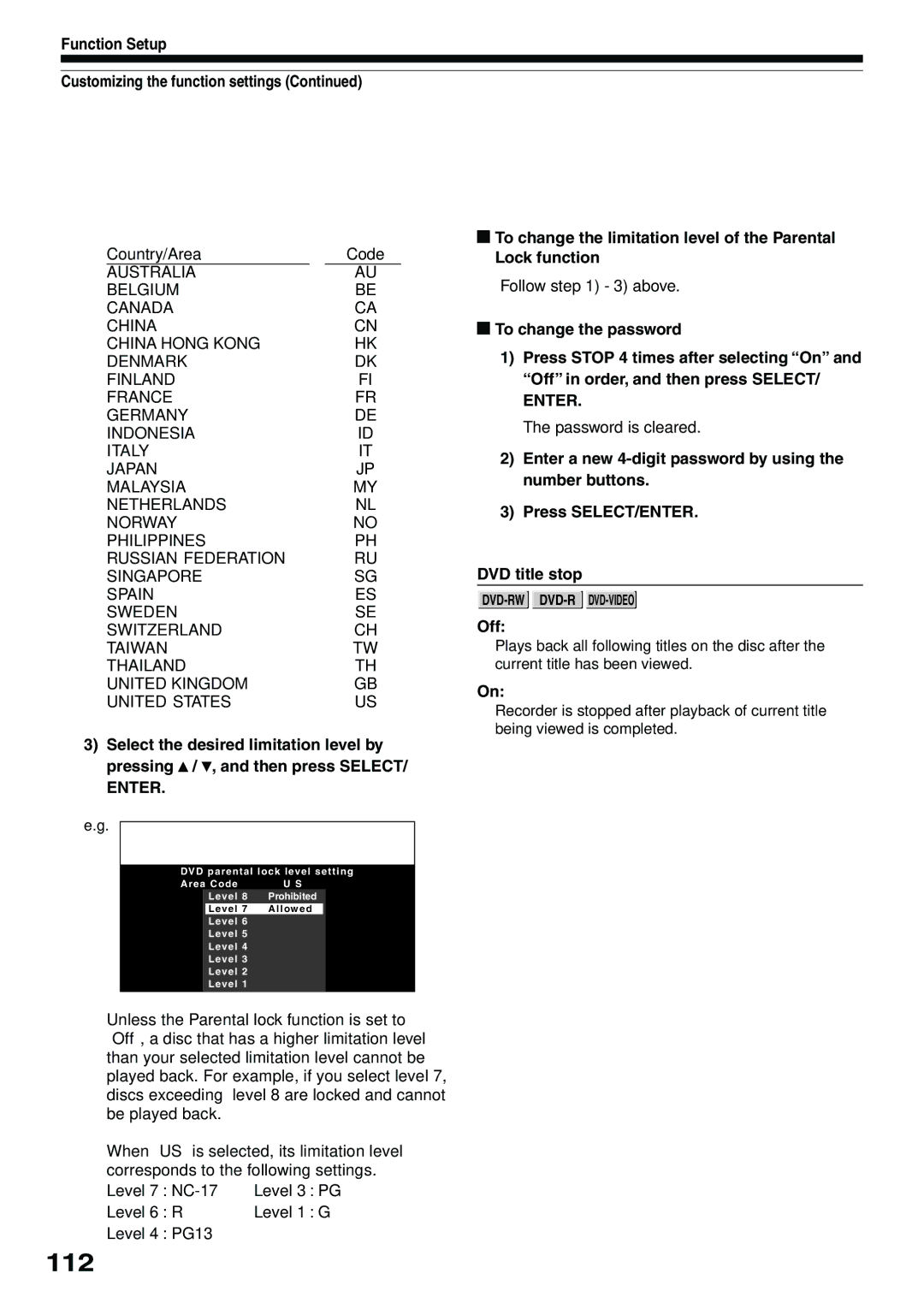 Toshiba D-R4SU, D-KR4SU, D-R4SC owner manual 112, Code 