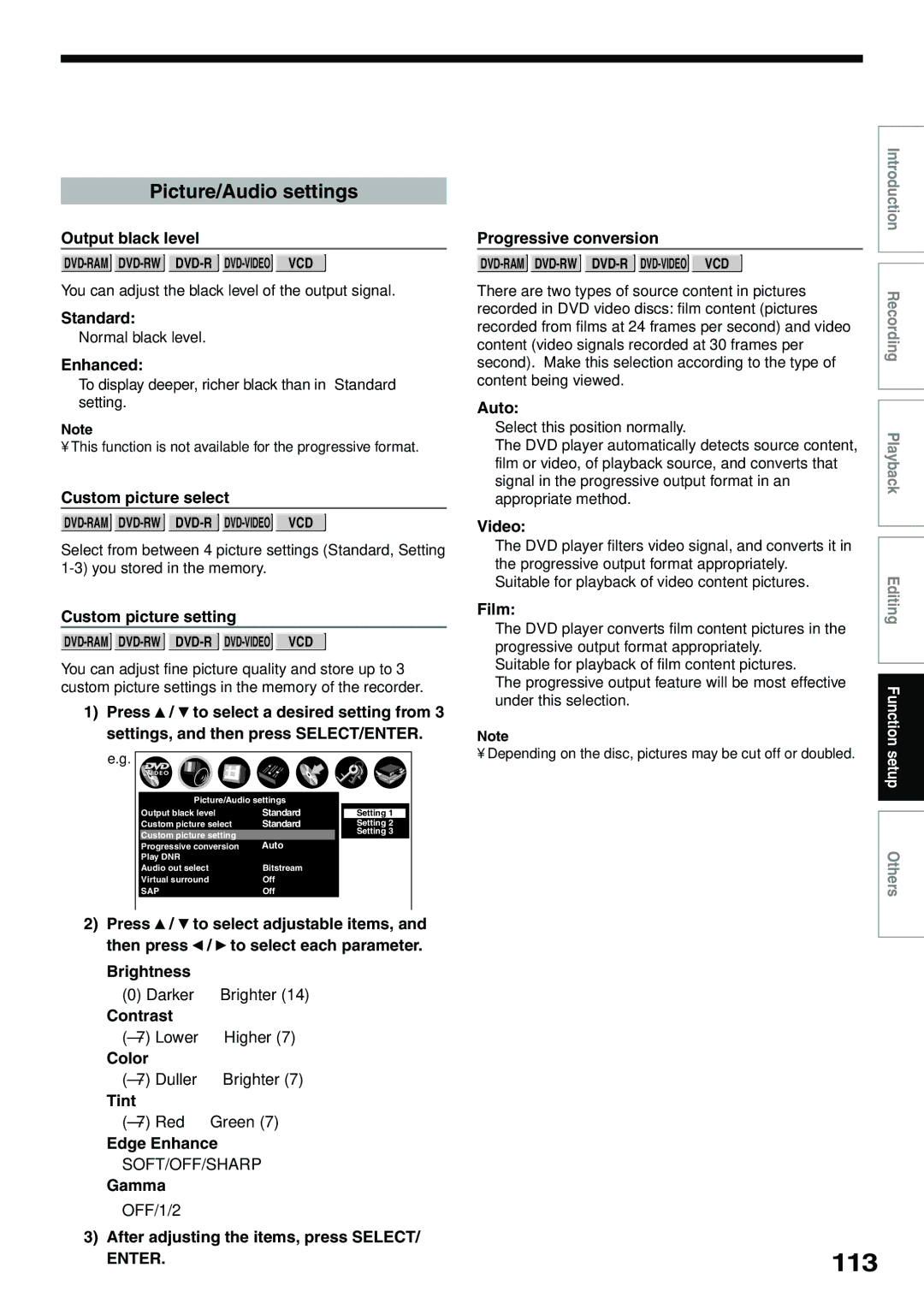 Toshiba D-R4SC, D-KR4SU, D-R4SU owner manual 113, Picture/Audio settings 