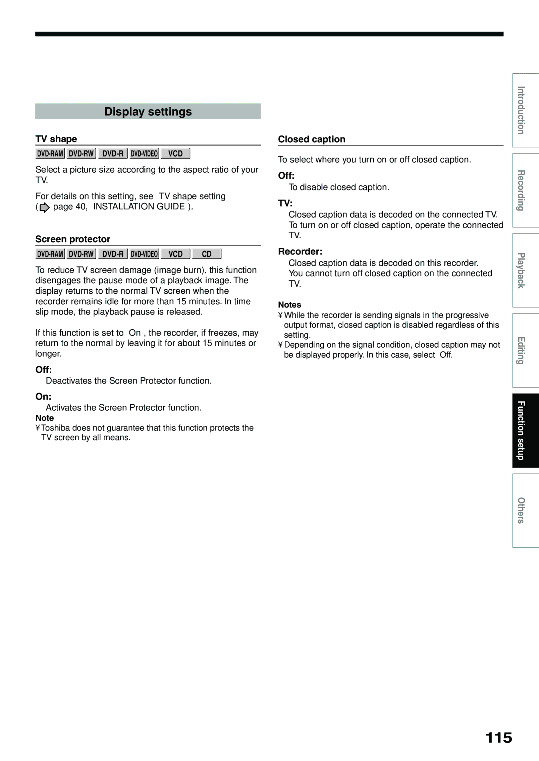 Toshiba D-R4SU, D-KR4SU, D-R4SC owner manual 115, Display settings 