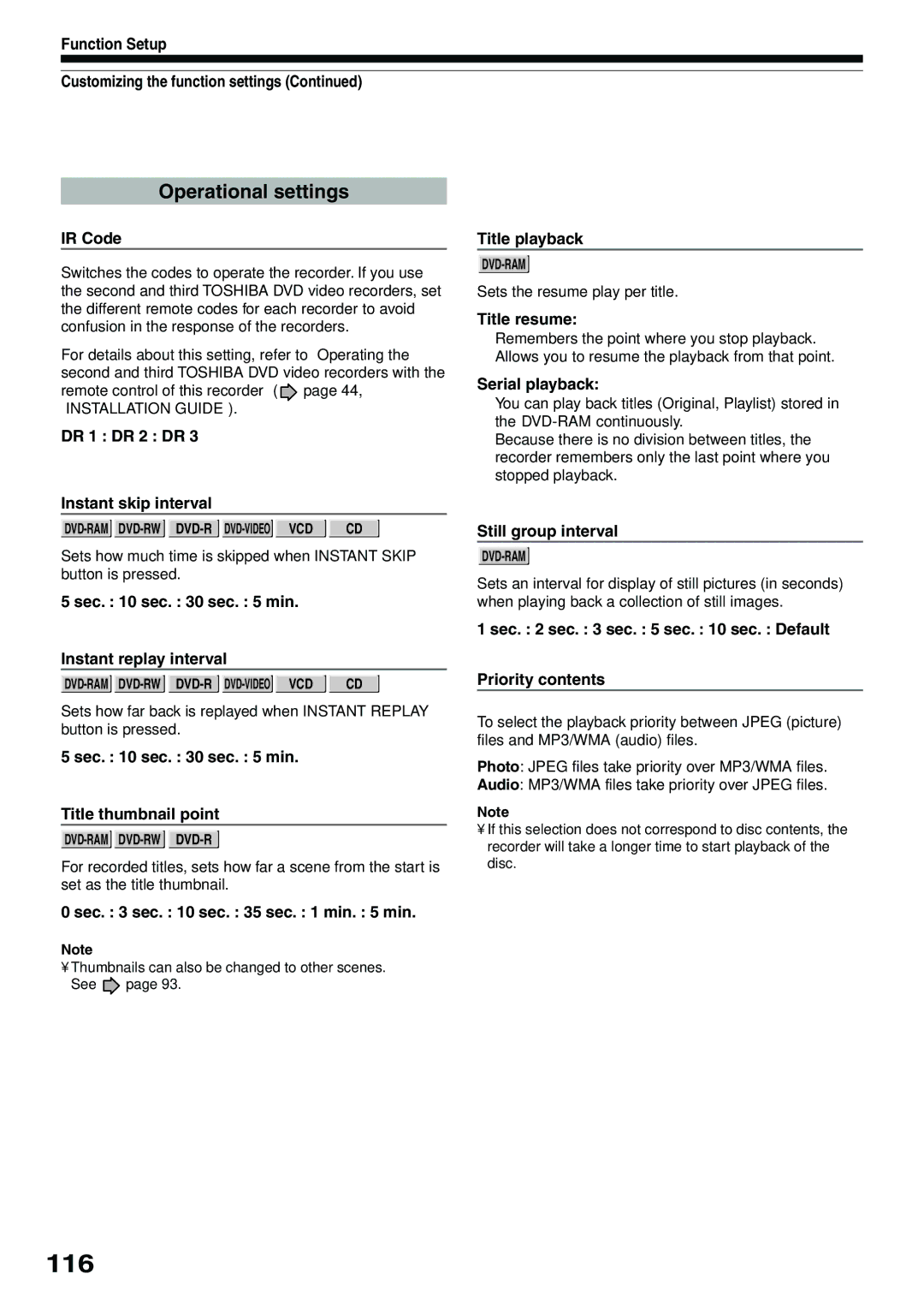 Toshiba D-R4SC, D-KR4SU, D-R4SU owner manual 116, Operational settings 