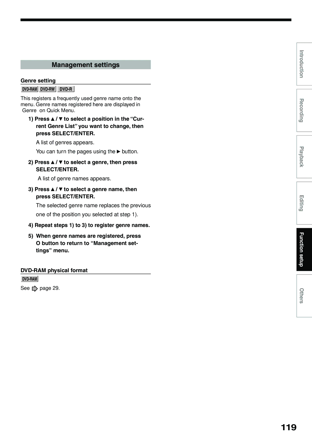 Toshiba D-R4SC, D-KR4SU, D-R4SU owner manual 119, Management settings, Genre setting, Press / to select a genre, then press 