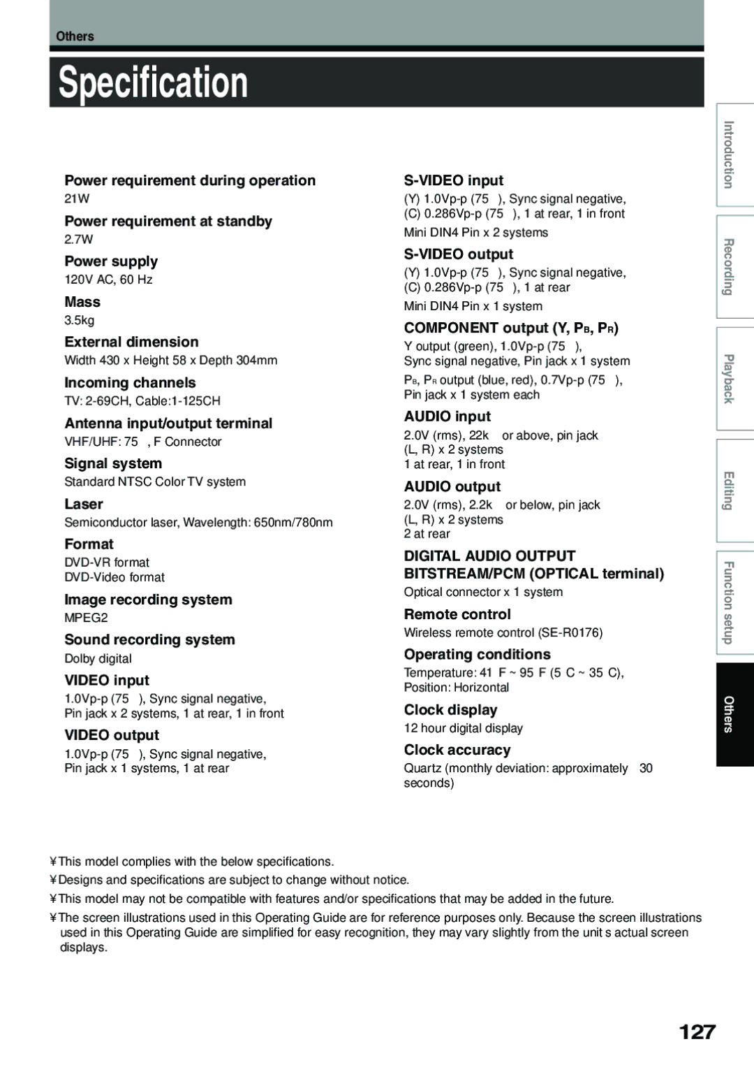 Toshiba D-R4SU, D-KR4SU, D-R4SC owner manual Specification, 127 