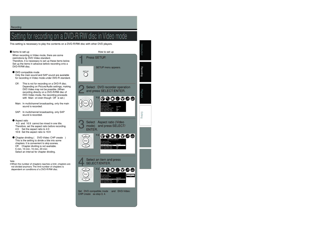 Toshiba D-KR4SU, D-R4SU Press Setup, Select Aspect ratio Video mode and press SELECT/ Enter, Select an item and press 