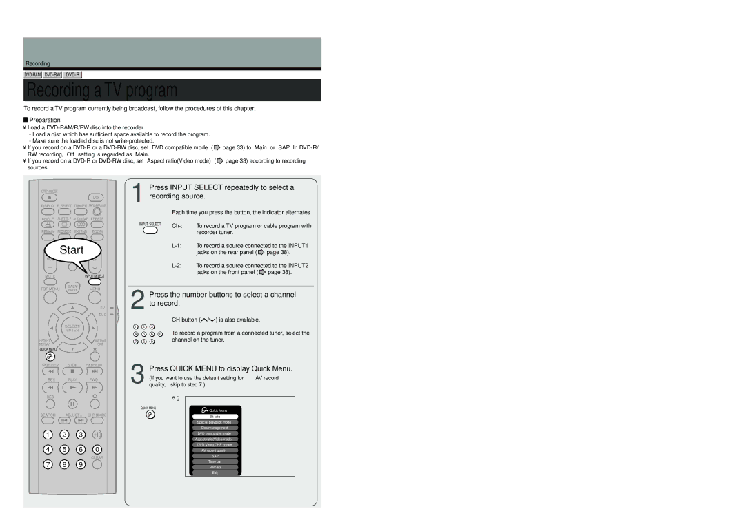 Toshiba D-R4SU, D-KR4SU, D-R4SC Recording a TV program, Press Input Select repeatedly to select a recording source 