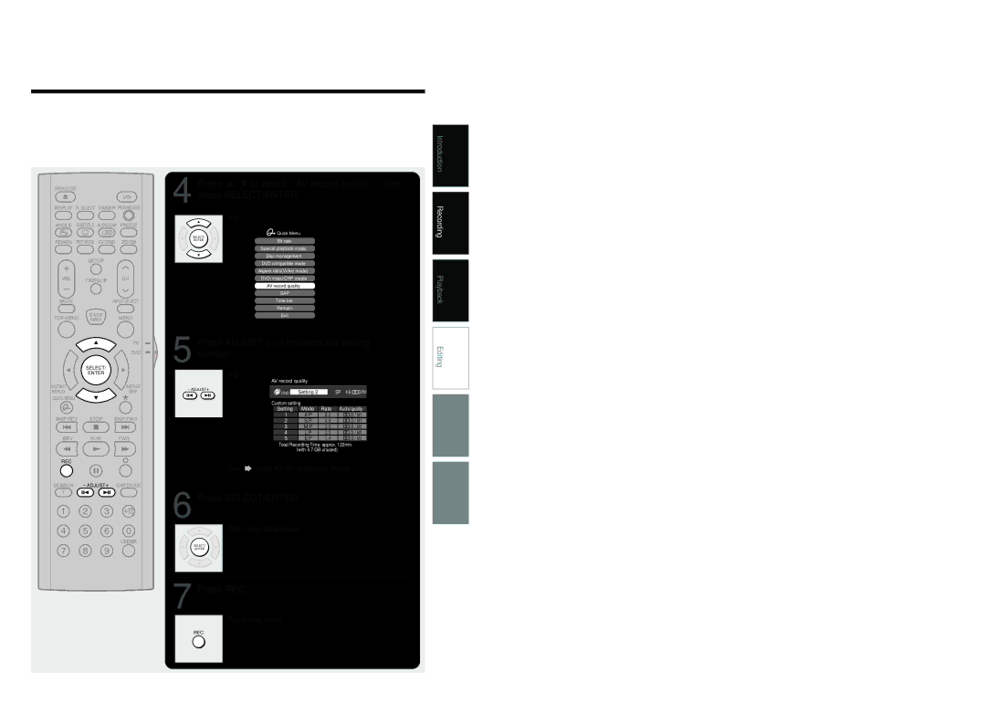 Toshiba D-R4SC, D-KR4SU, D-R4SU owner manual Press Adjust -/+ to select the setting, Number, Press SELECT/ENTER, Press REC 