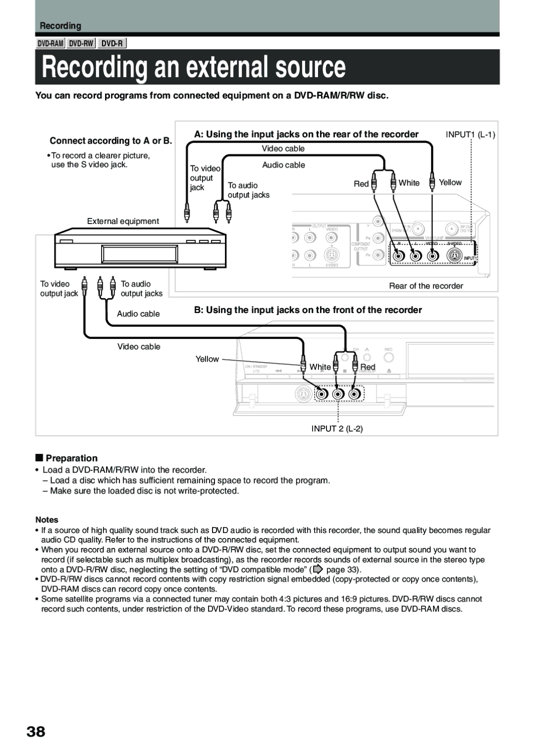 Toshiba D-R4SC, D-KR4SU, D-R4SU owner manual Recording an external source, Using the input jacks on the front of the recorder 