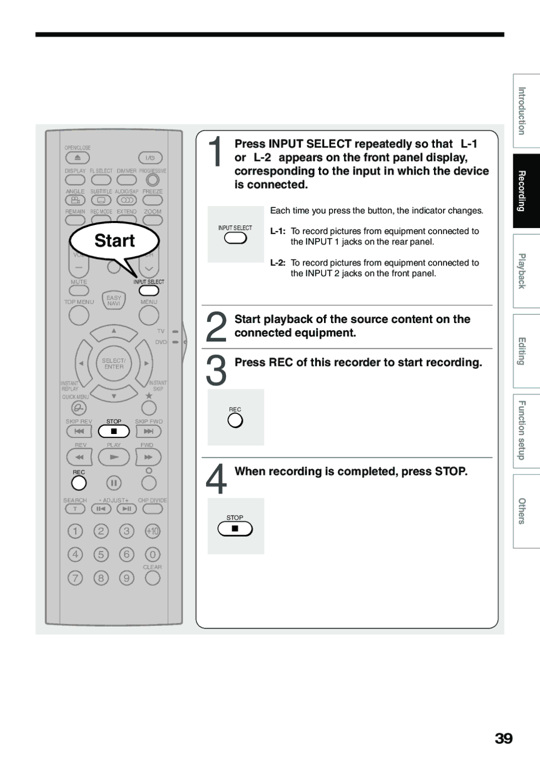 Toshiba D-KR4SU, D-R4SU When recording is completed, press Stop, Each time you press the button, the indicator changes 