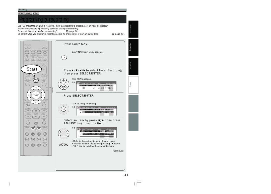 Toshiba D-R4SC, D-KR4SU, D-R4SU Programing a recording, Press Easy Navi, Easy Navi Main Menu appears, REC Menu appears 