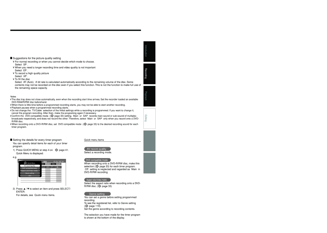 Toshiba D-R4SU Suggestions for the picture quality setting, Setting the details for every timer program, Quick menu items 