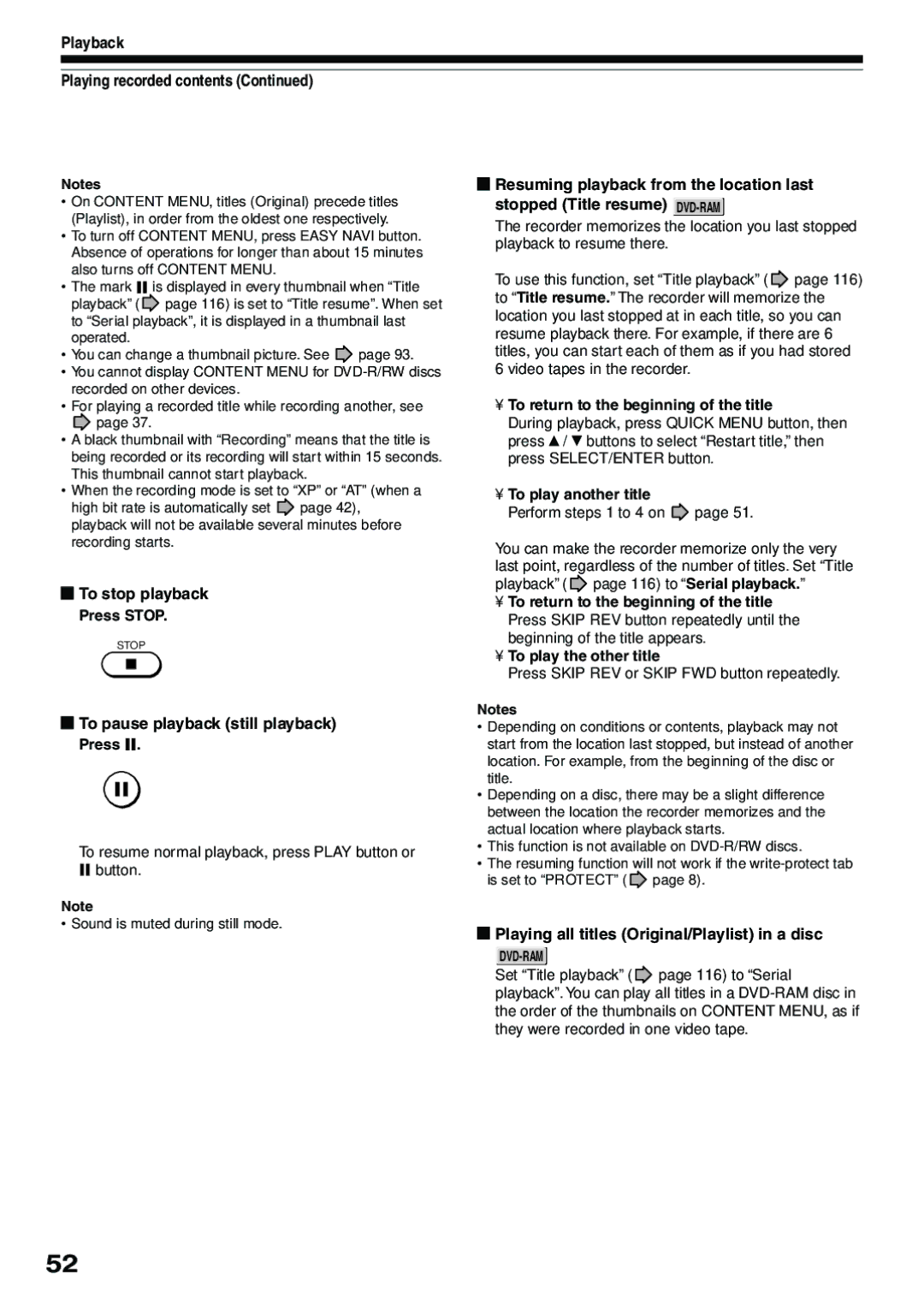 Toshiba D-R4SU, D-KR4SU, D-R4SC Playback Playing recorded contents, To stop playback, To pause playback still playback 