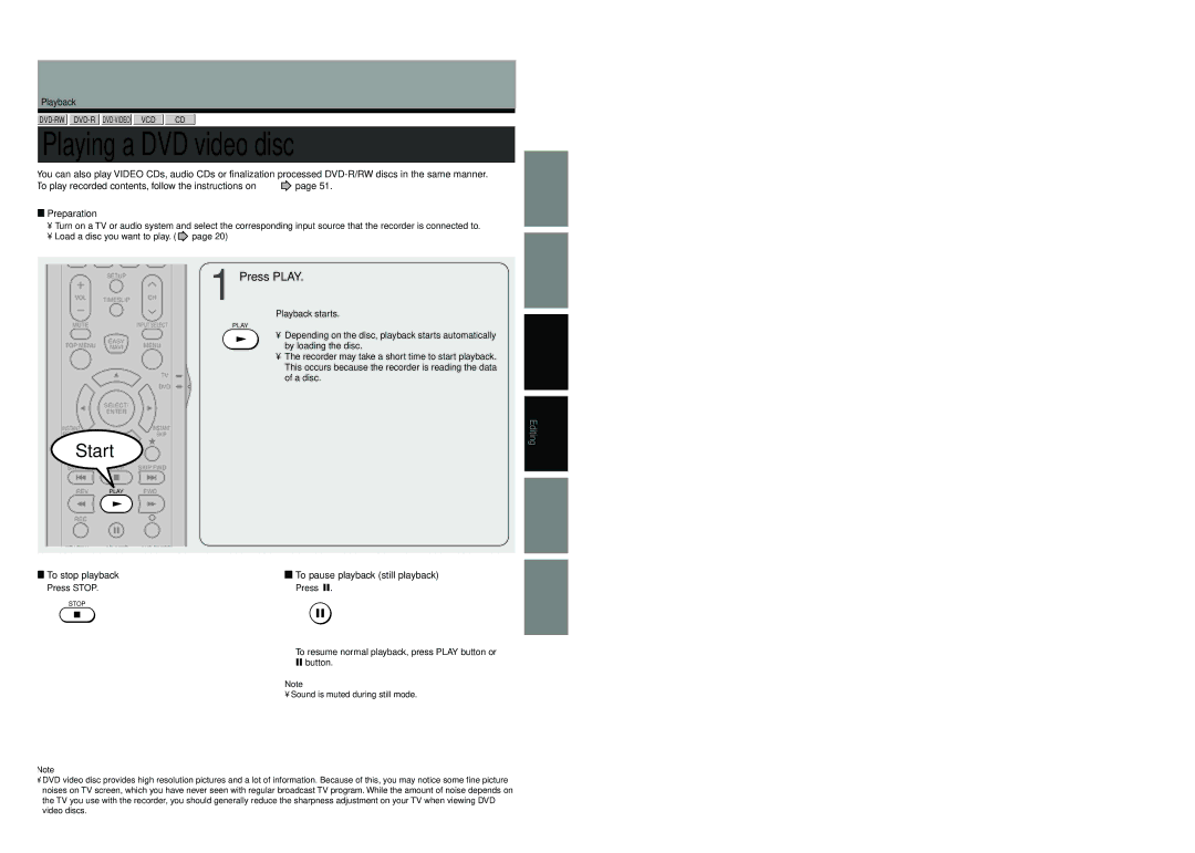 Toshiba D-R4SU, D-KR4SU, D-R4SC Playing a DVD video disc, Press Play, To stop playback To pause playback still playback 