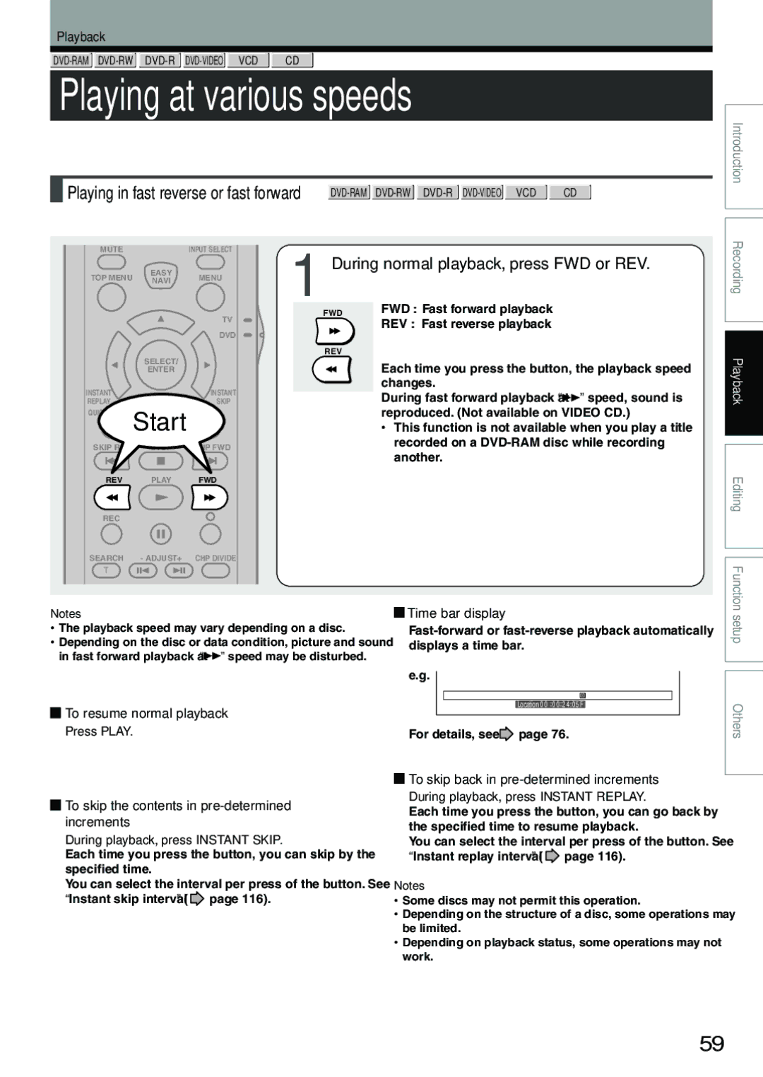 Toshiba D-R4SC, D-KR4SU, D-R4SU owner manual Playing at various speeds, During normal playback, press FWD or REV 