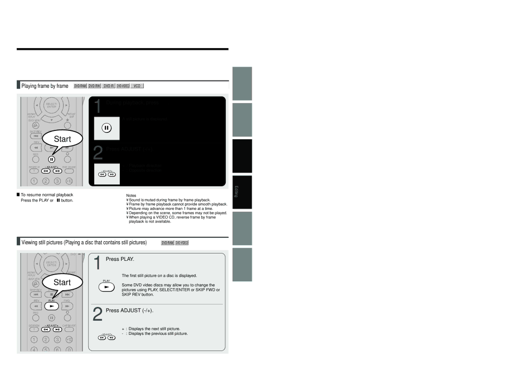 Toshiba D-R4SU, D-KR4SU, D-R4SC Press Adjust -/+, Press the Play or button, First still picture on a disc is displayed 