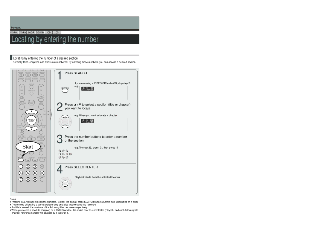 Toshiba D-R4SC, D-KR4SU, D-R4SU owner manual Locating by entering the number of a desired section, Press Search 