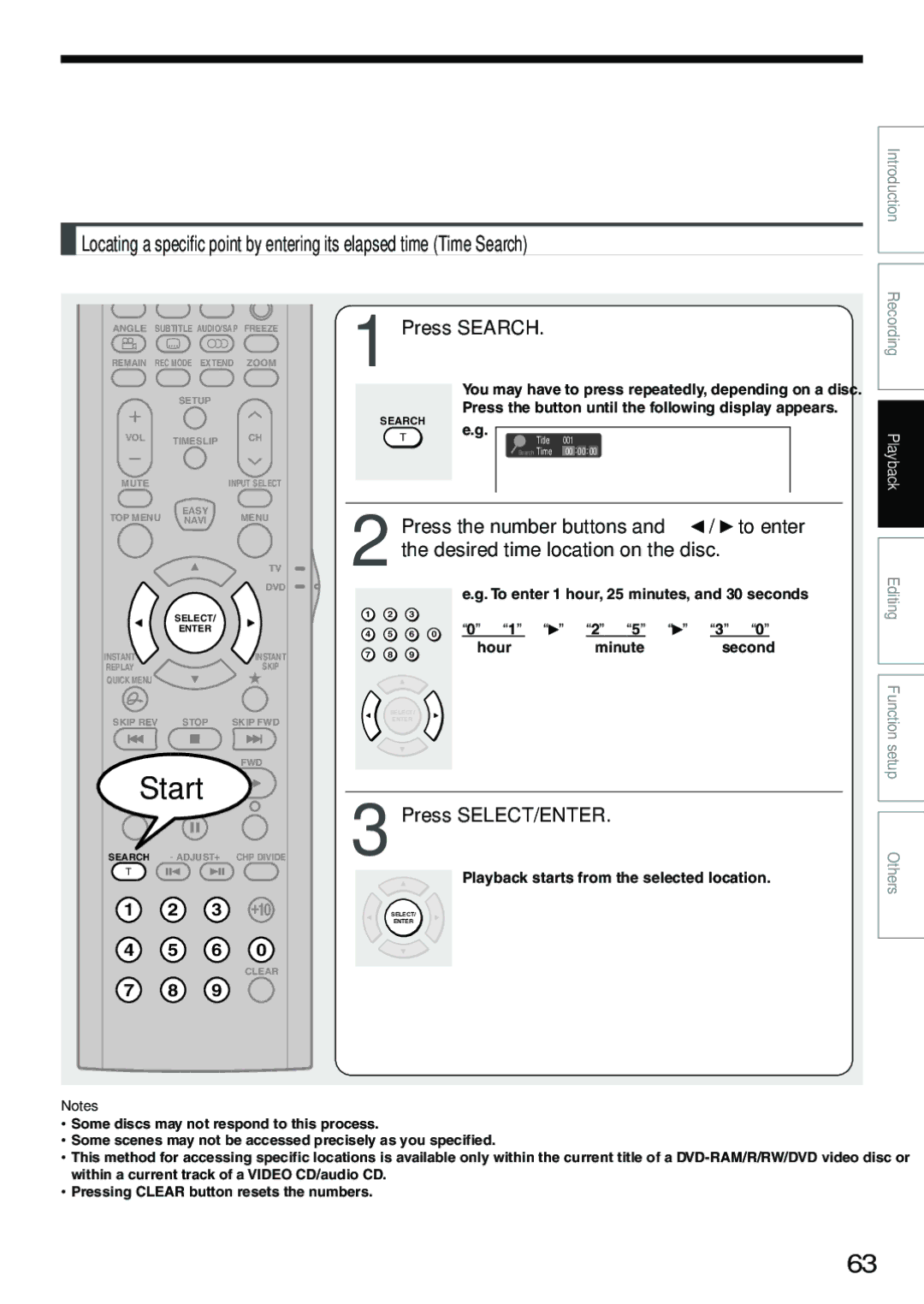 Toshiba D-KR4SU, D-R4SU, D-R4SC To enter 1 hour, 25 minutes, and 30 seconds, → 1 → → 2 → 5 → → 3 →, Hour Minute Second 