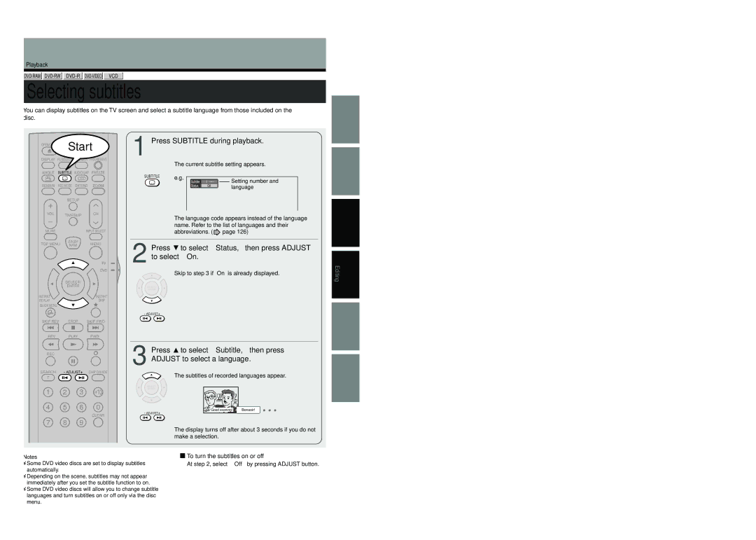 Toshiba D-R4SC Selecting subtitles, Press Subtitle during playback, Press to select Status, then press Adjust to select On 