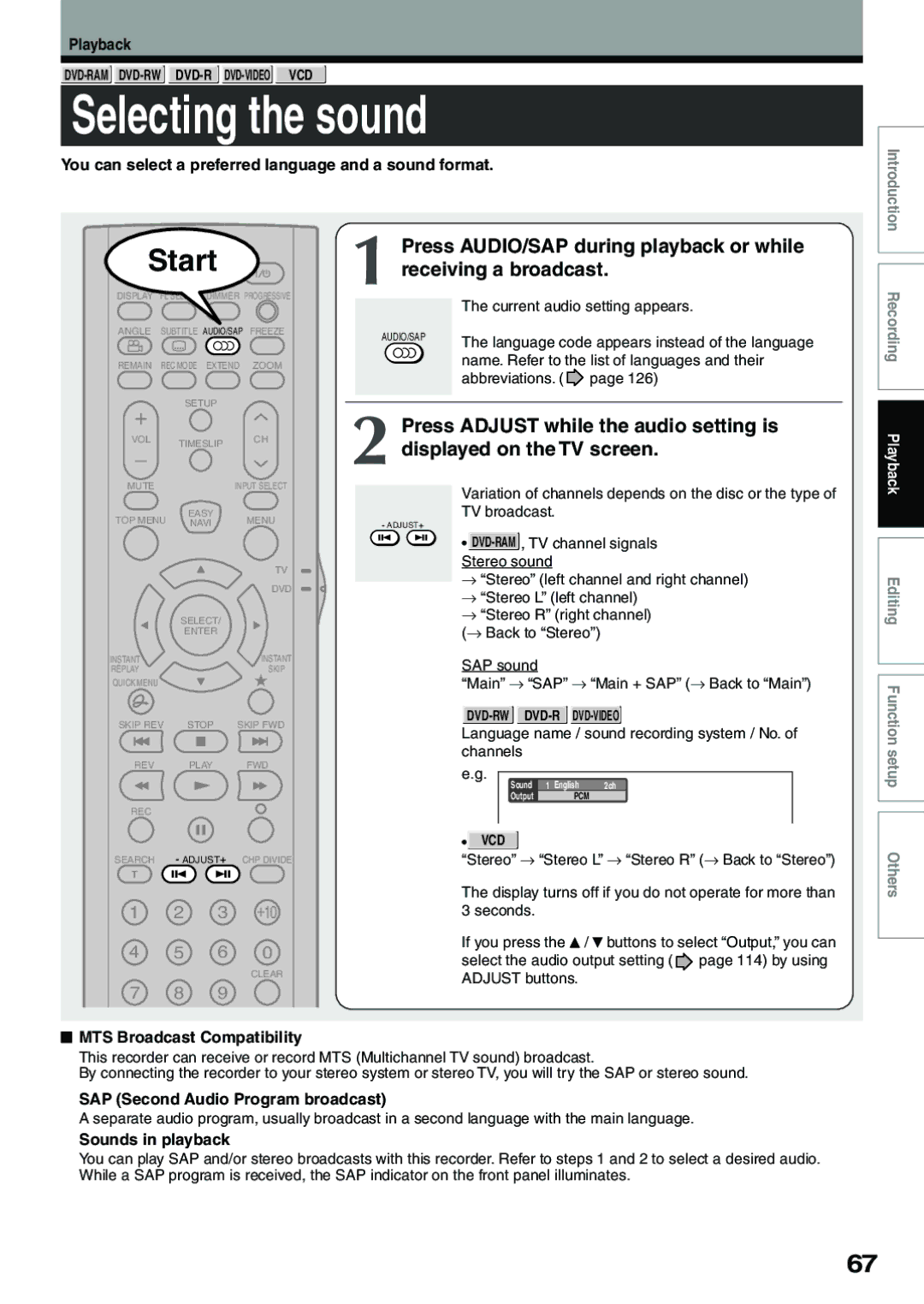 Toshiba D-R4SU, D-KR4SU, D-R4SC Selecting the sound, Press AUDIO/SAP during playback or while, Receiving a broadcast 