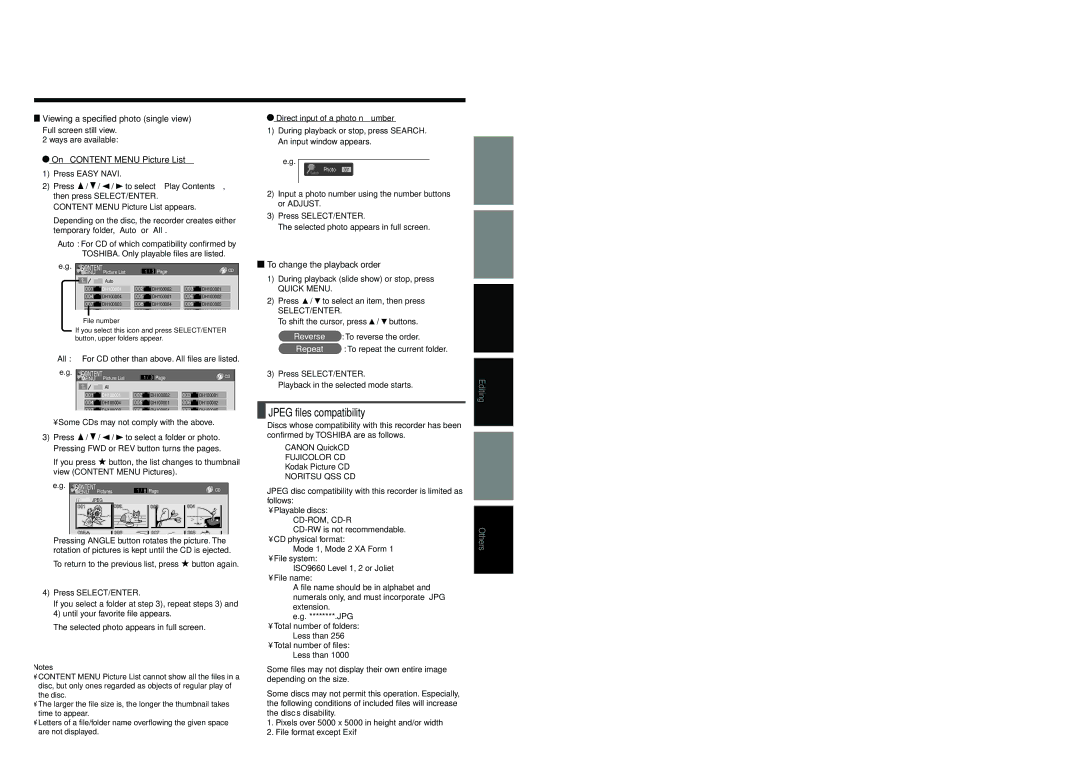 Toshiba D-R4SC, D-KR4SU Jpeg files compatibility, Viewing a specified photo single view, On Content Menu Picture List 