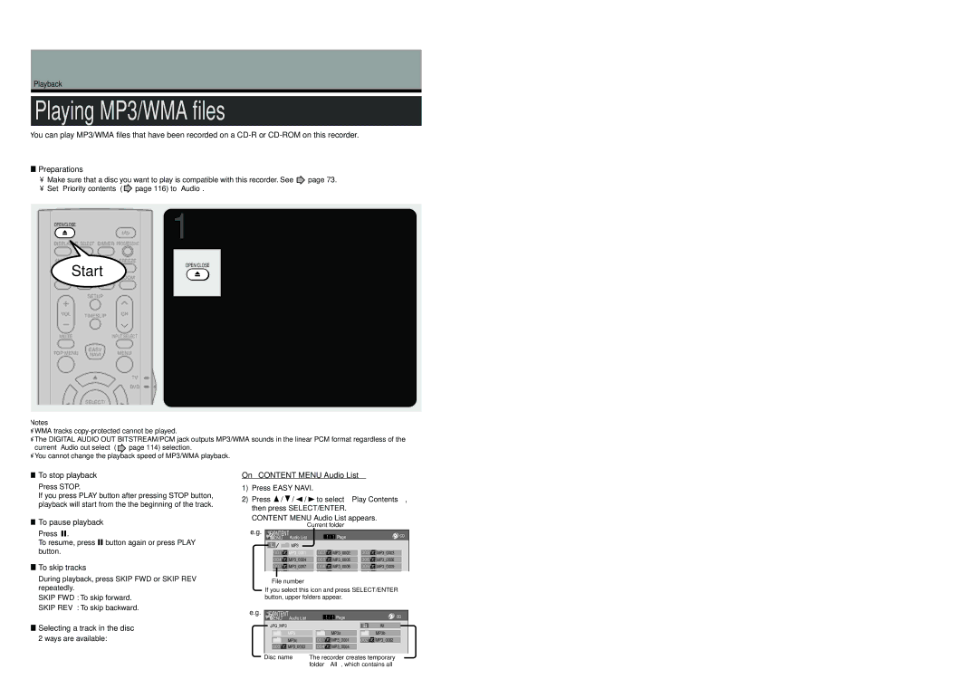 Toshiba D-KR4SU, D-R4SU, D-R4SC owner manual Playing MP3/WMA files, Load a CD that contains MP3/WMA files 