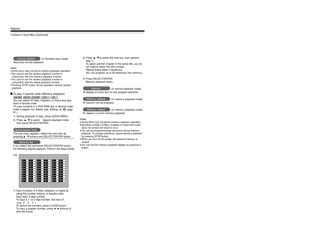 Toshiba D-KR4SU, D-R4SU, D-R4SC owner manual Playback Functions in Quick Menu, To play in favorite order Memory playback 