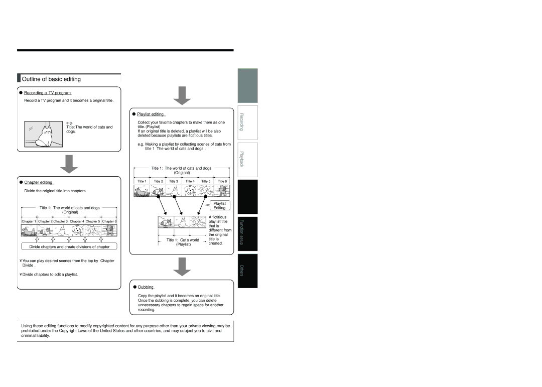 Toshiba D-R4SC Outline of basic editing, Recording a TV program, Title 1 The world of cats and dogs Original, Dubbing 