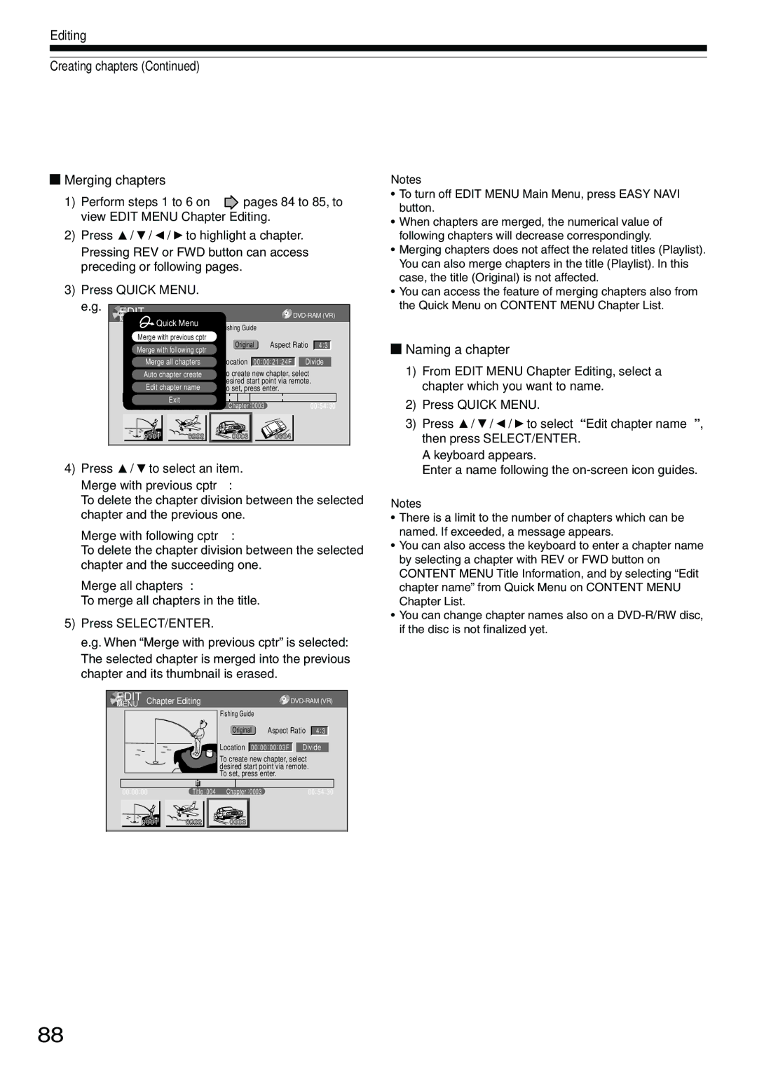 Toshiba D-R4SU, D-KR4SU, D-R4SC owner manual Editing Creating chapters Merging chapters, Naming a chapter 