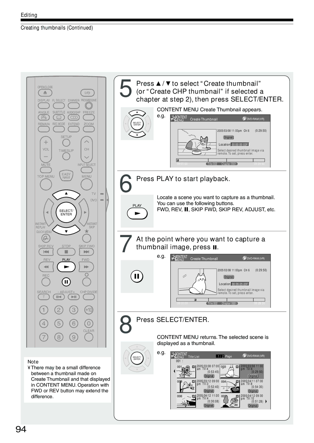 Toshiba D-R4SU, D-KR4SU, D-R4SC owner manual Editing Creating thumbnails, Content Menu Create Thumbnail appears 