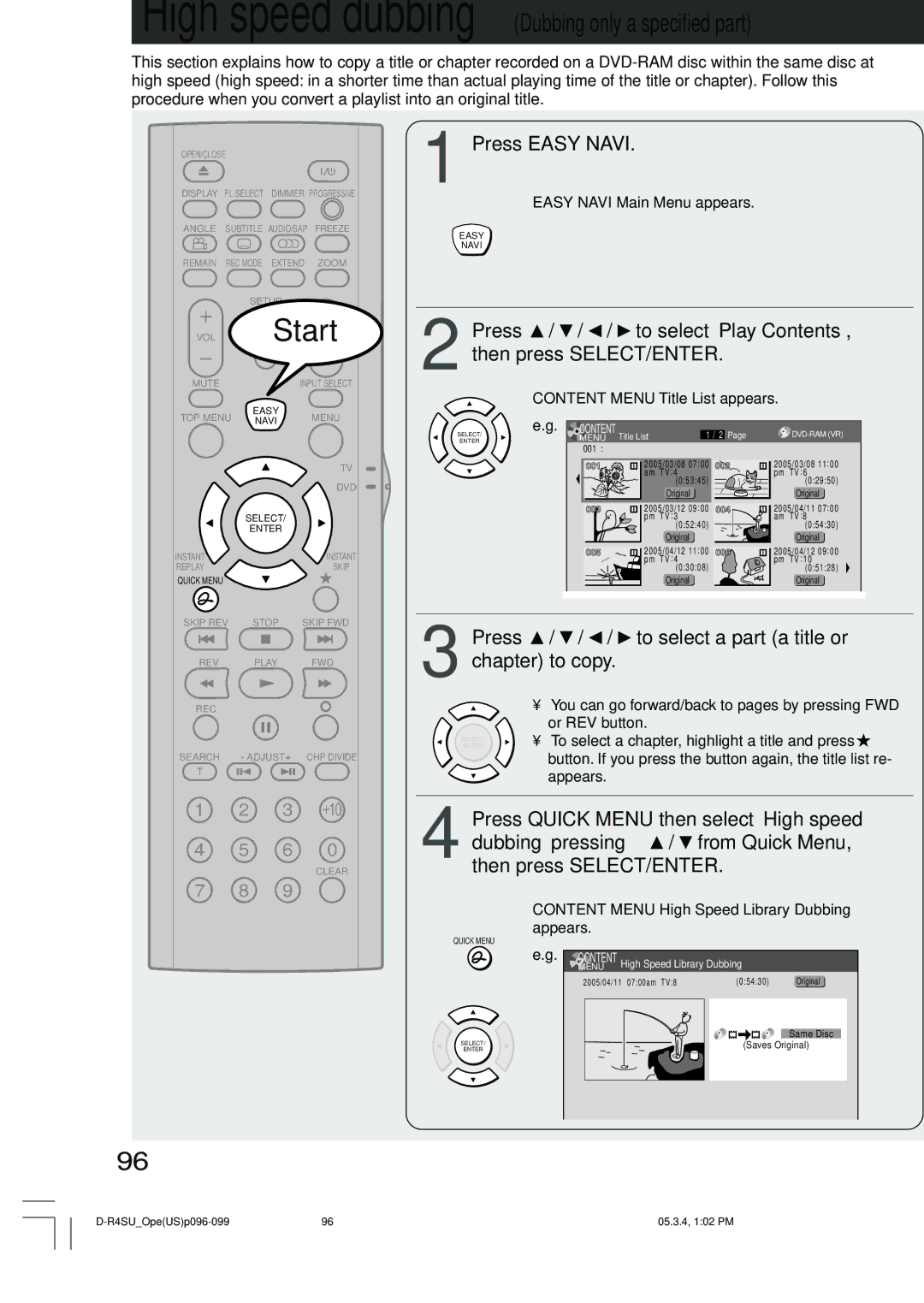 Toshiba D-KR4SU Press / / / to select a part a title or chapter to copy, You can go forward/back to pages by pressing FWD 