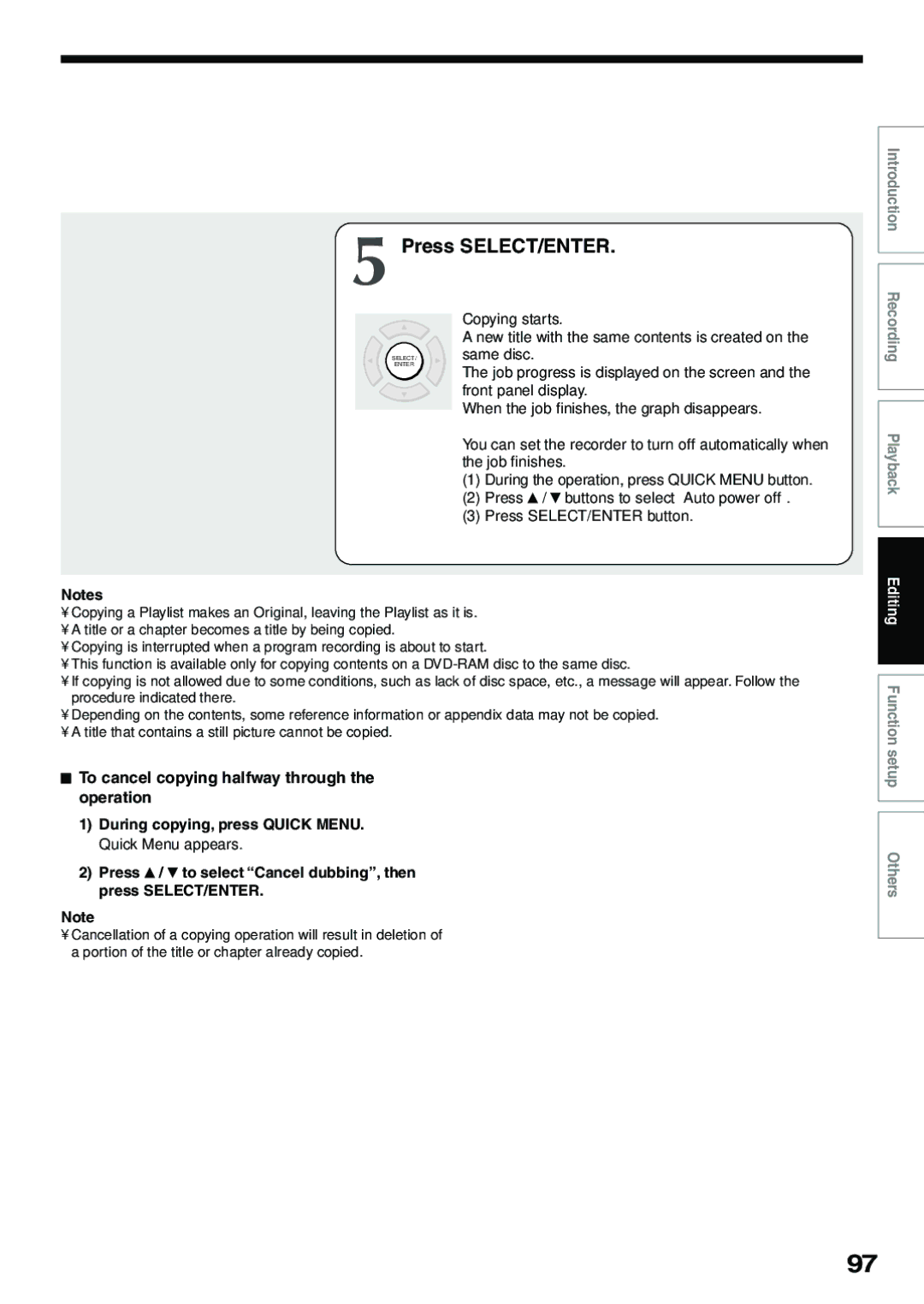 Toshiba D-R4SU, D-KR4SU, D-R4SC owner manual Press SELECT/ENTER, To cancel copying halfway through the operation 