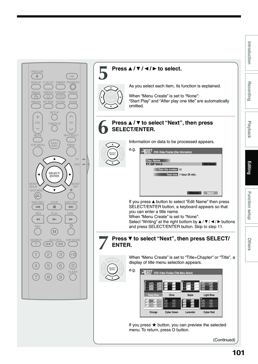 Toshiba D-R4SC Press / / / to select, Press / to select “Next”, then press, Select/Enter, Introduction RecordingPlayback 