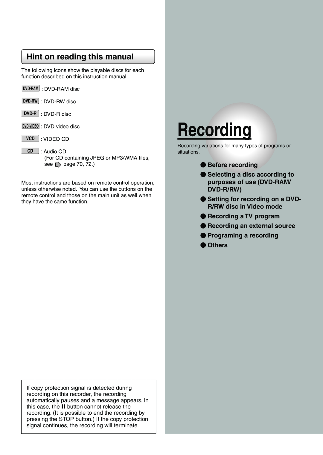 Toshiba D-R4SU Hint on reading this manual, Before recording, Recording a TV program, Recording an external source 