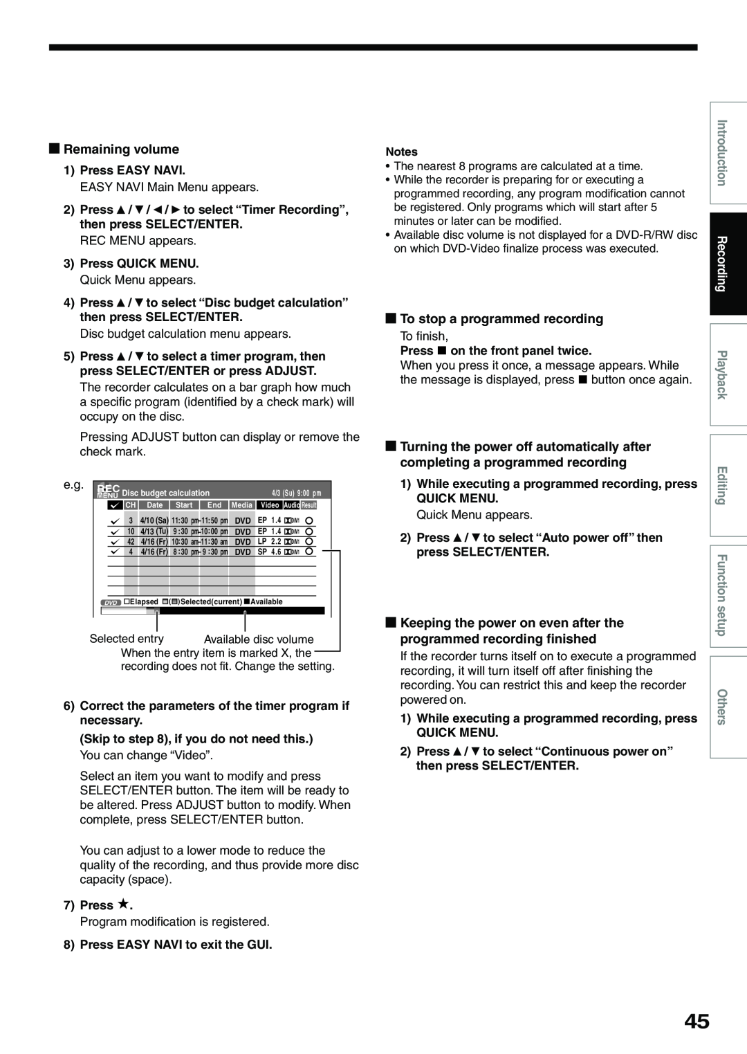 Toshiba D-KR4SU, D-R4SU, D-R4SC owner manual Remaining volume, To stop a programmed recording, Introduction RecordingPlayback 
