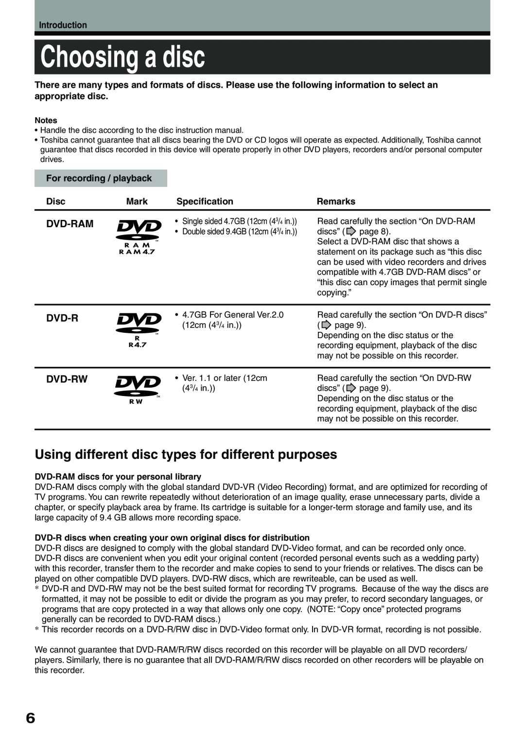 Toshiba D-KR4SU Choosing a disc, Using different disc types for different purposes, Dvd-Ram, Dvd-Rw, Disc, Mark, Remarks 