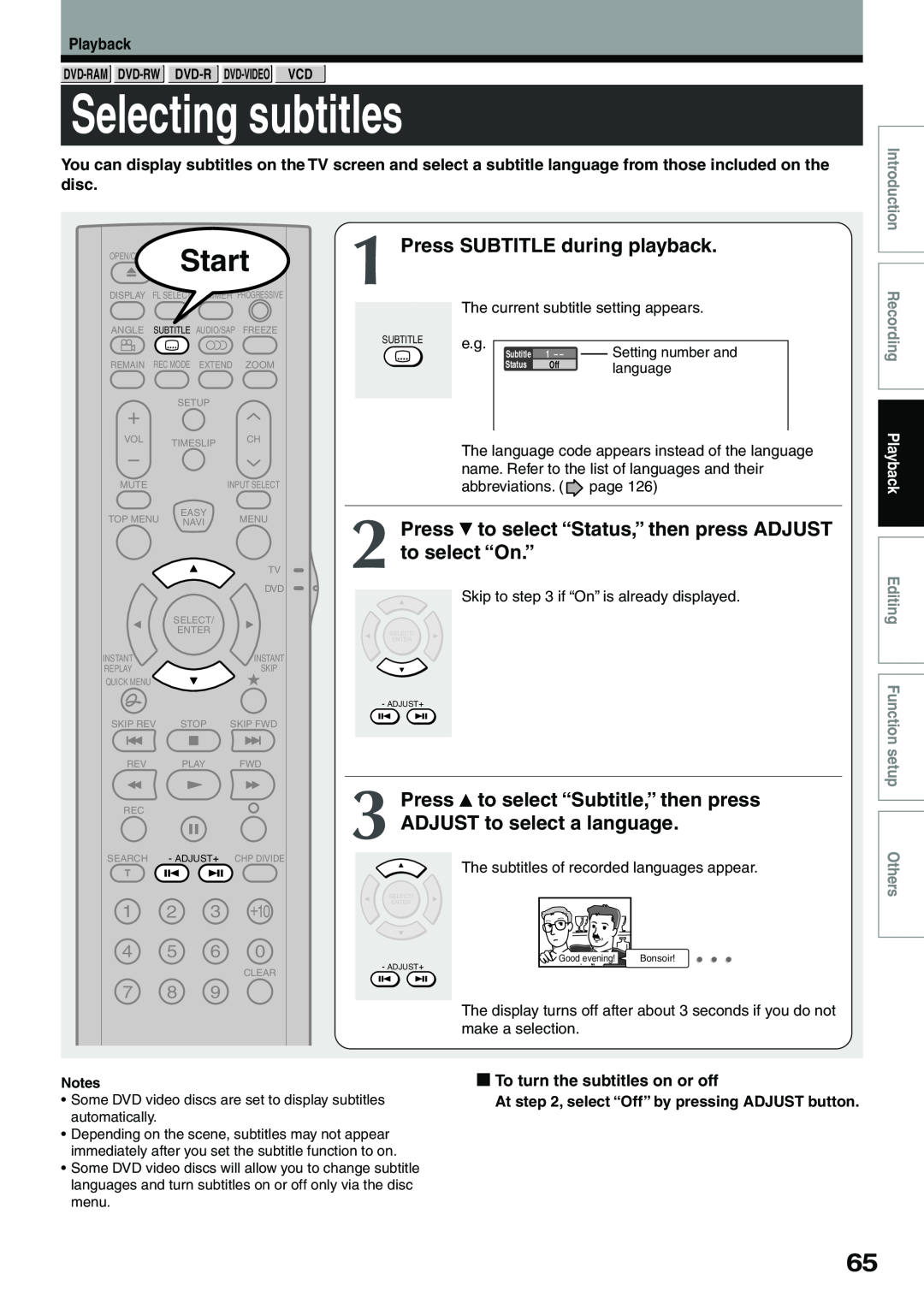 Toshiba D-R4SC, D-KR4SU, D-R4SU owner manual Selecting subtitles, Press SUBTITLE during playback 