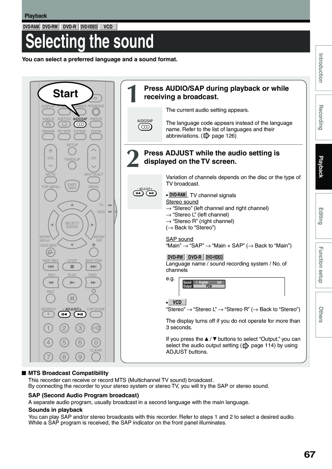 Toshiba D-R4SU Selecting the sound, Press AUDIO/SAP during playback or while, receiving a broadcast, Sounds in playback 
