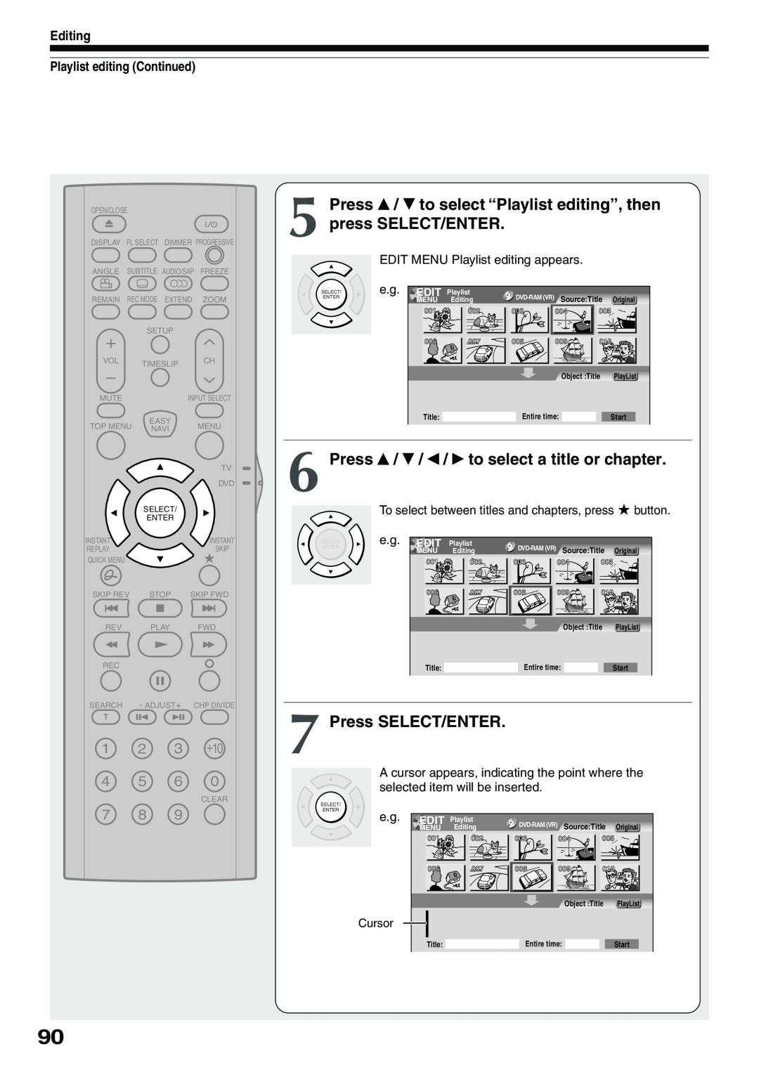 Toshiba D-KR4SU Press, to select a title or chapter, Editing Playlist editing Continued, press SELECT/ENTER, button 