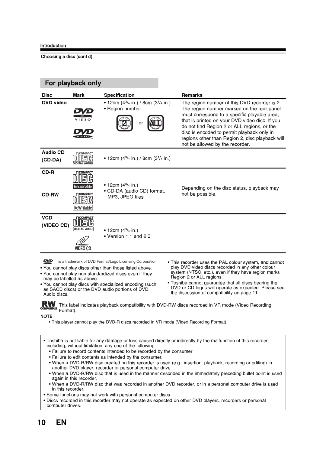 Toshiba D-R160SB 10 EN, For playback only, Introduction Choosing a disc cont’d, Disc Mark Specification Remarks DVD video 