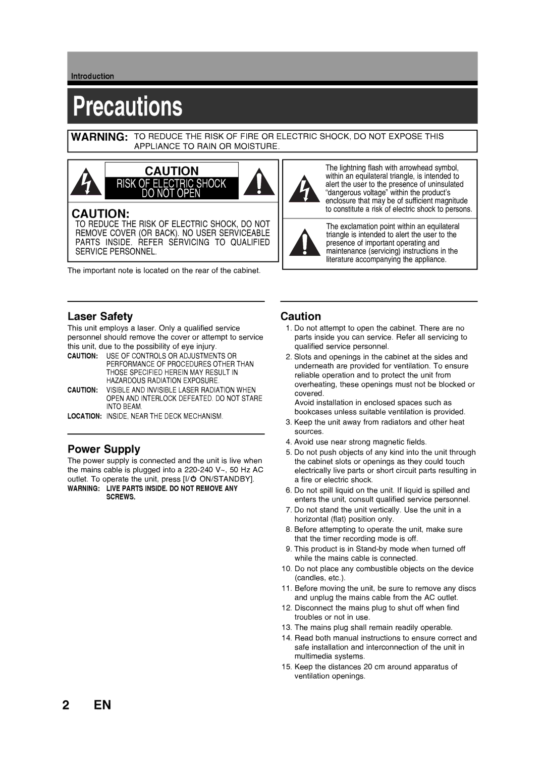 Toshiba D-R160SB manual Precautions, Laser Safety, Power Supply, Introduction 