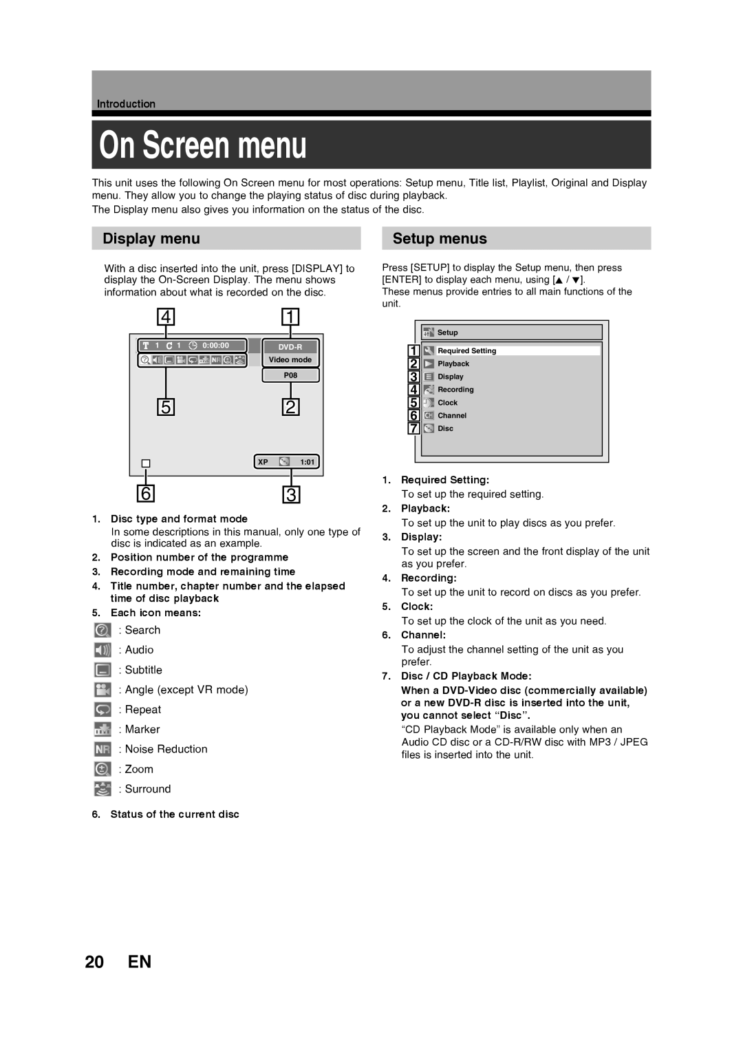 Toshiba D-R160SB manual On Screen menu, 20 EN, Display menu Setup menus 