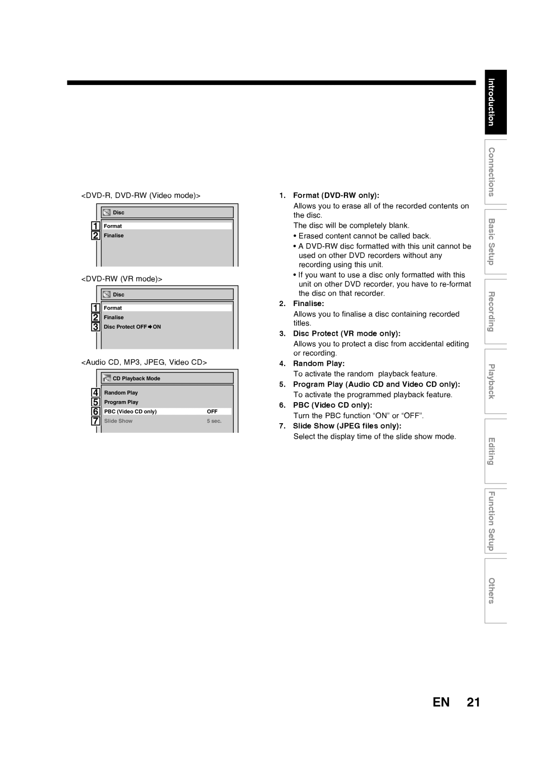 Toshiba D-R160SB manual DVD-RW VR mode, CD, MP3, JPEG, Video CD, Format DVD-RW only, Finalise, Disc Protect VR mode only 