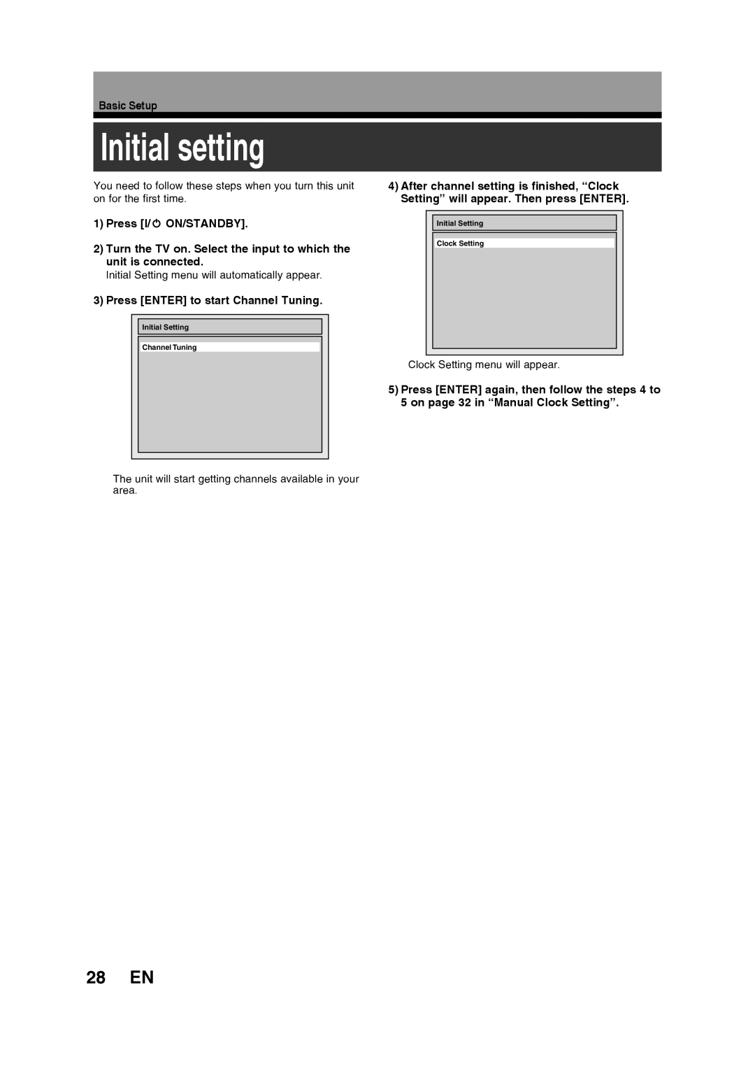 Toshiba D-R160SB manual Initial setting, 28 EN, Basic Setup, Press Enter to start Channel Tuning 