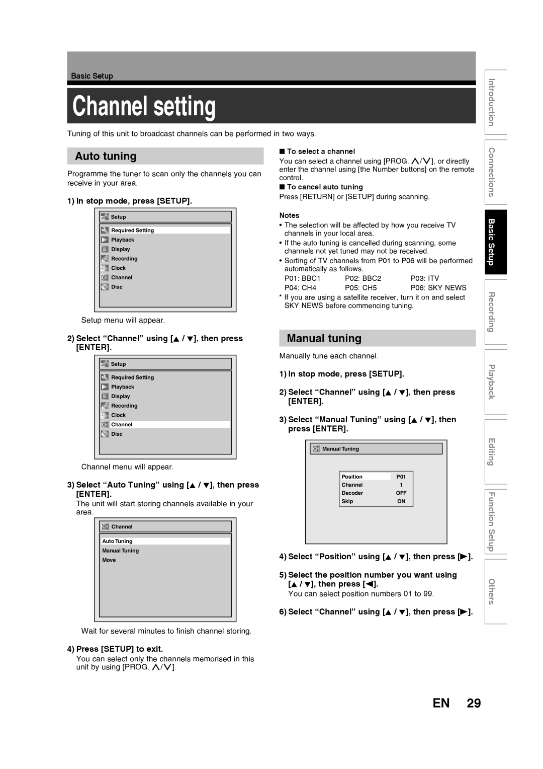 Toshiba D-R160SB manual Channel setting, Auto tuning, Manual tuning 