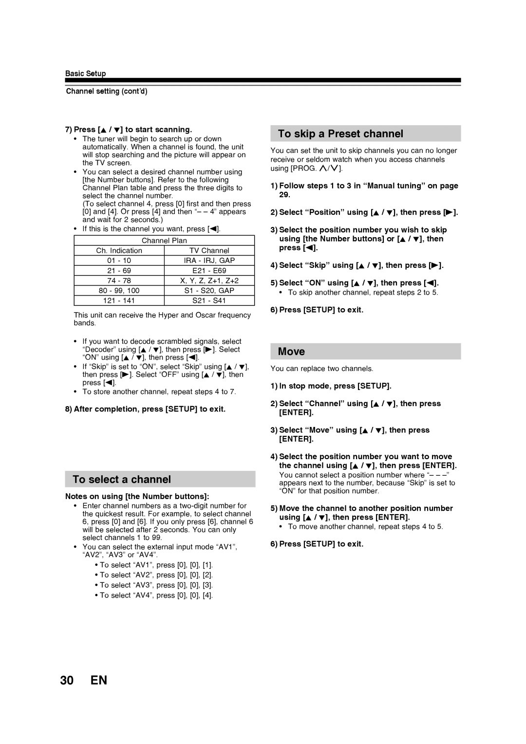 Toshiba D-R160SB manual 30 EN, To skip a Preset channel, Move, To select a channel, Follow steps 1 to 3 in Manual tuning on 