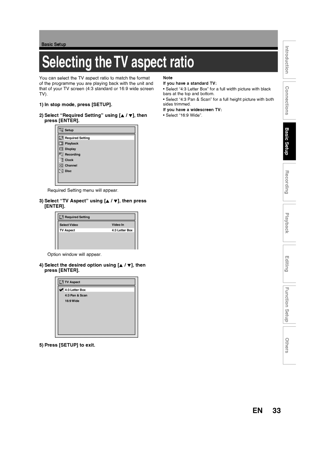 Toshiba D-R160SB Selecting the TV aspect ratio, Select TV Aspect using K / L, then press Enter, If you have a standard TV 