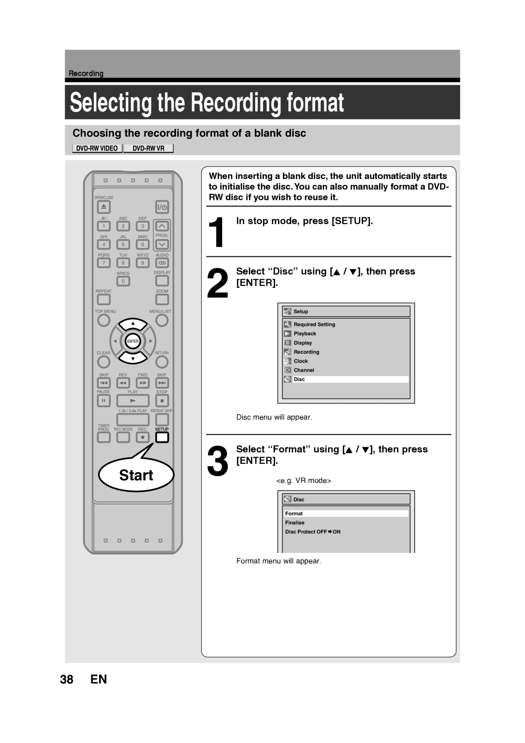 Toshiba D-R160SB manual Selecting the Recording format, 38 EN, Choosing the recording format of a blank disc 