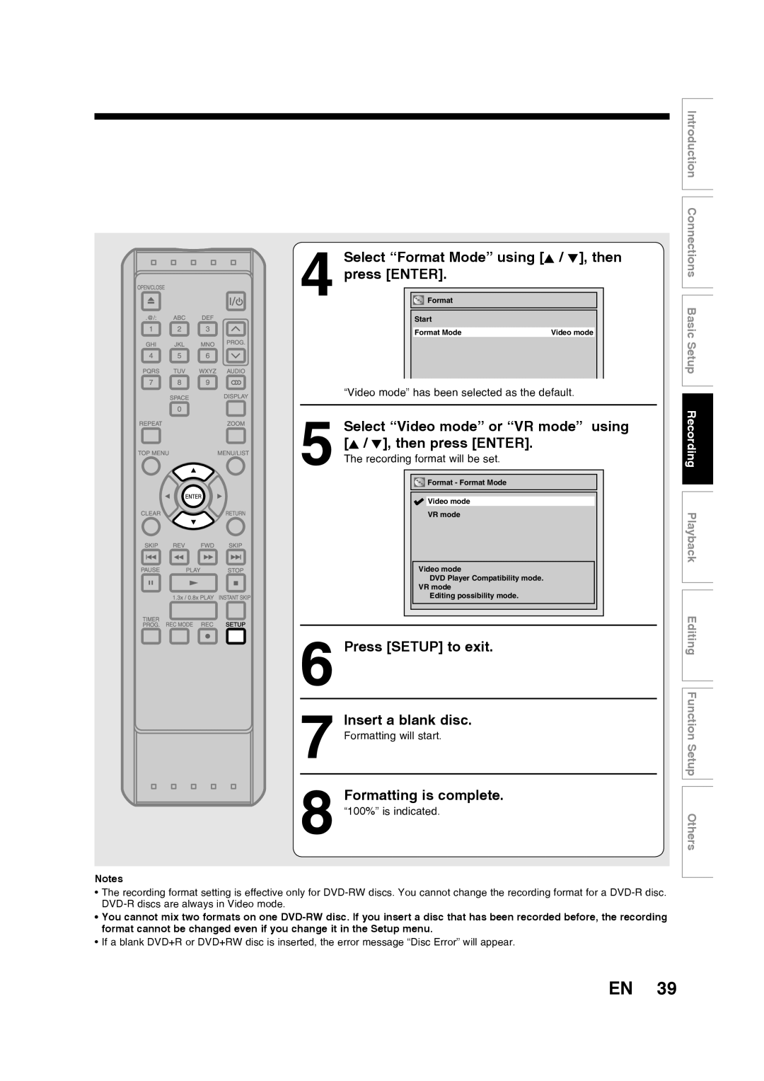 Toshiba D-R160SB manual Select Format Mode using K / L, then press Enter, Press Setup to exit Insert a blank disc 