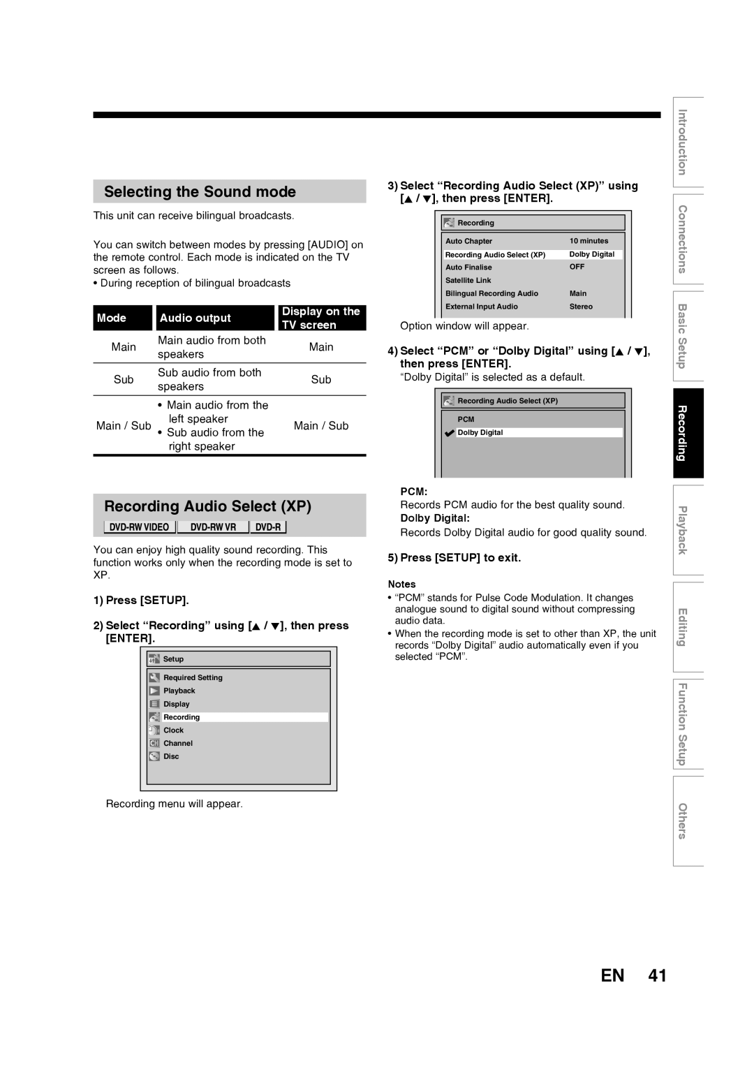 Toshiba D-R160SB manual Selecting the Sound mode, Recording Audio Select XP, Dolby Digital 