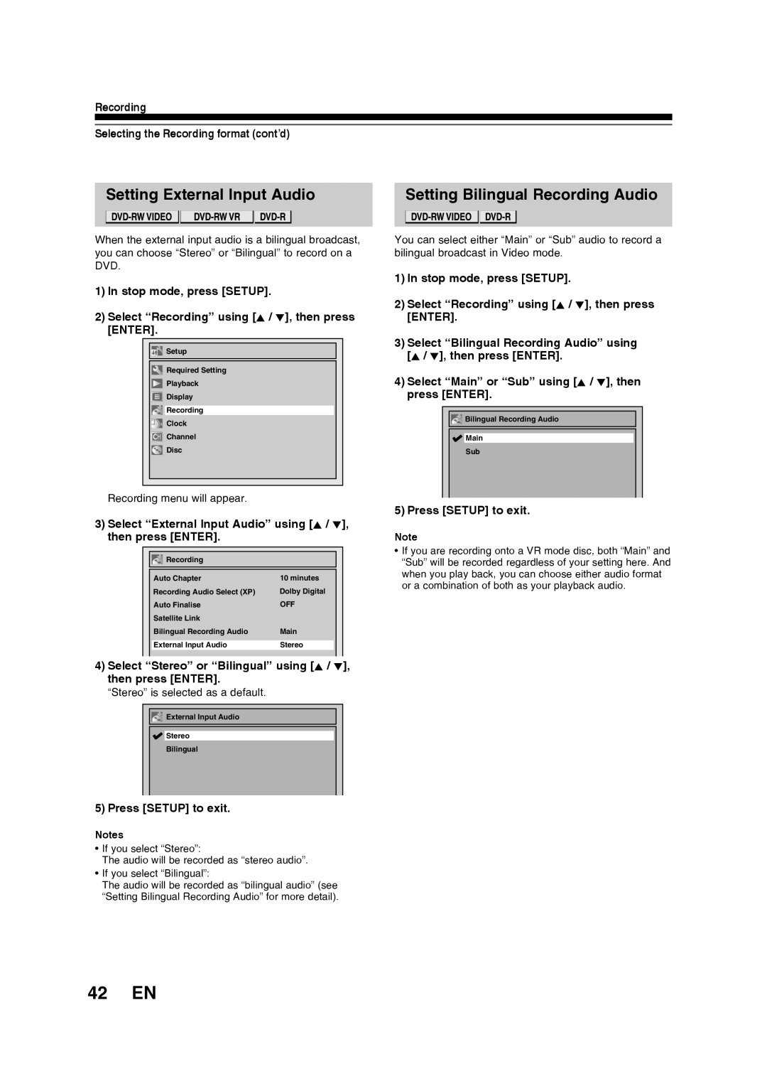 Toshiba D-R160SB manual 42 EN, Select External Input Audio using K / L, then press Enter 